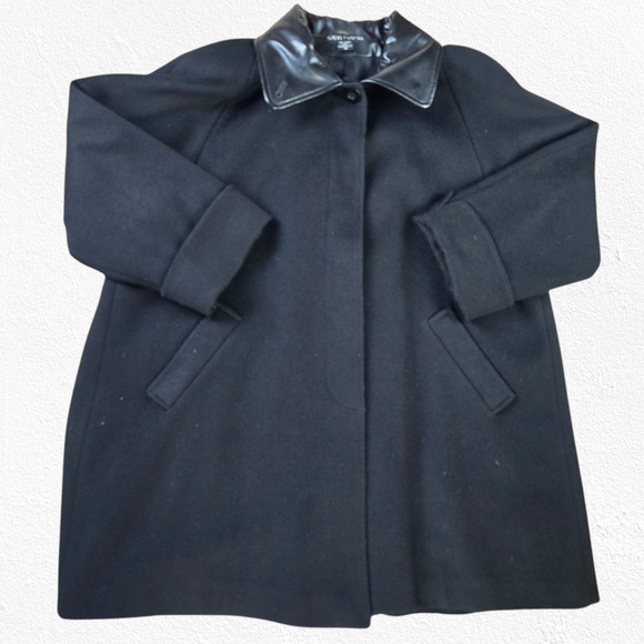 1980s Vintage Black Wool Blend Faux Leather Contrast Boxy Cocoon Coat Size 12 - Picture 1 of 8
